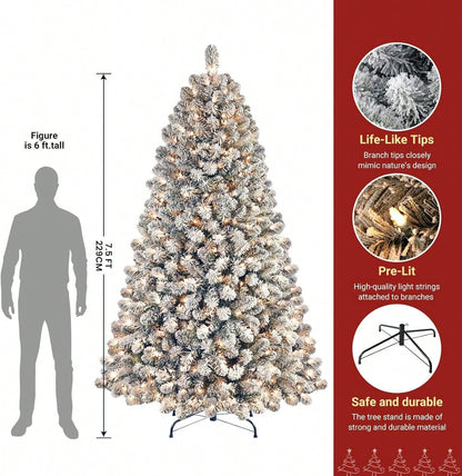 7.5ft Prelit Snow Flocked Artificial Christmas Tree